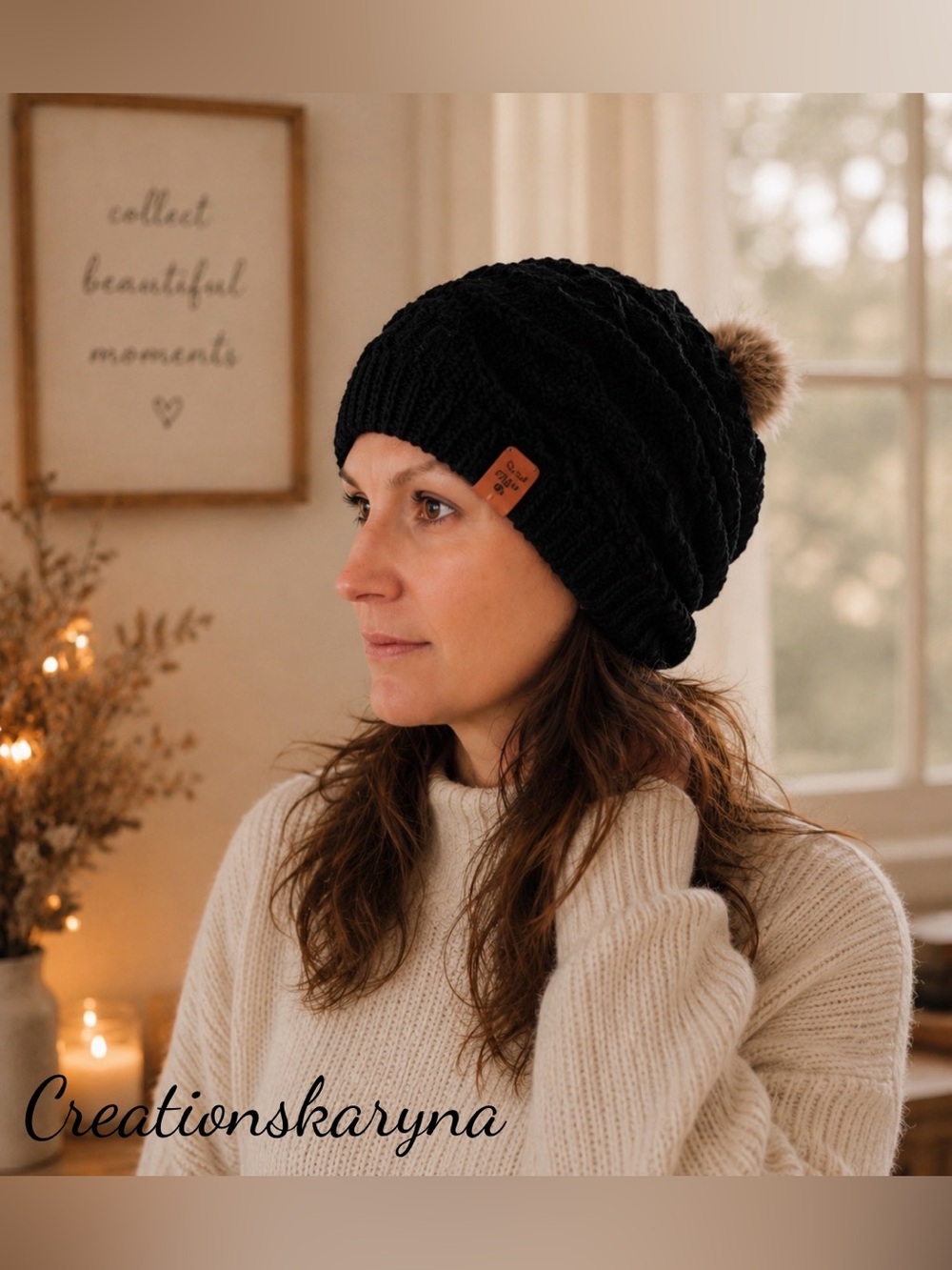 Black Knit Pom Pom Beanie Hat with Faux Fur Accent